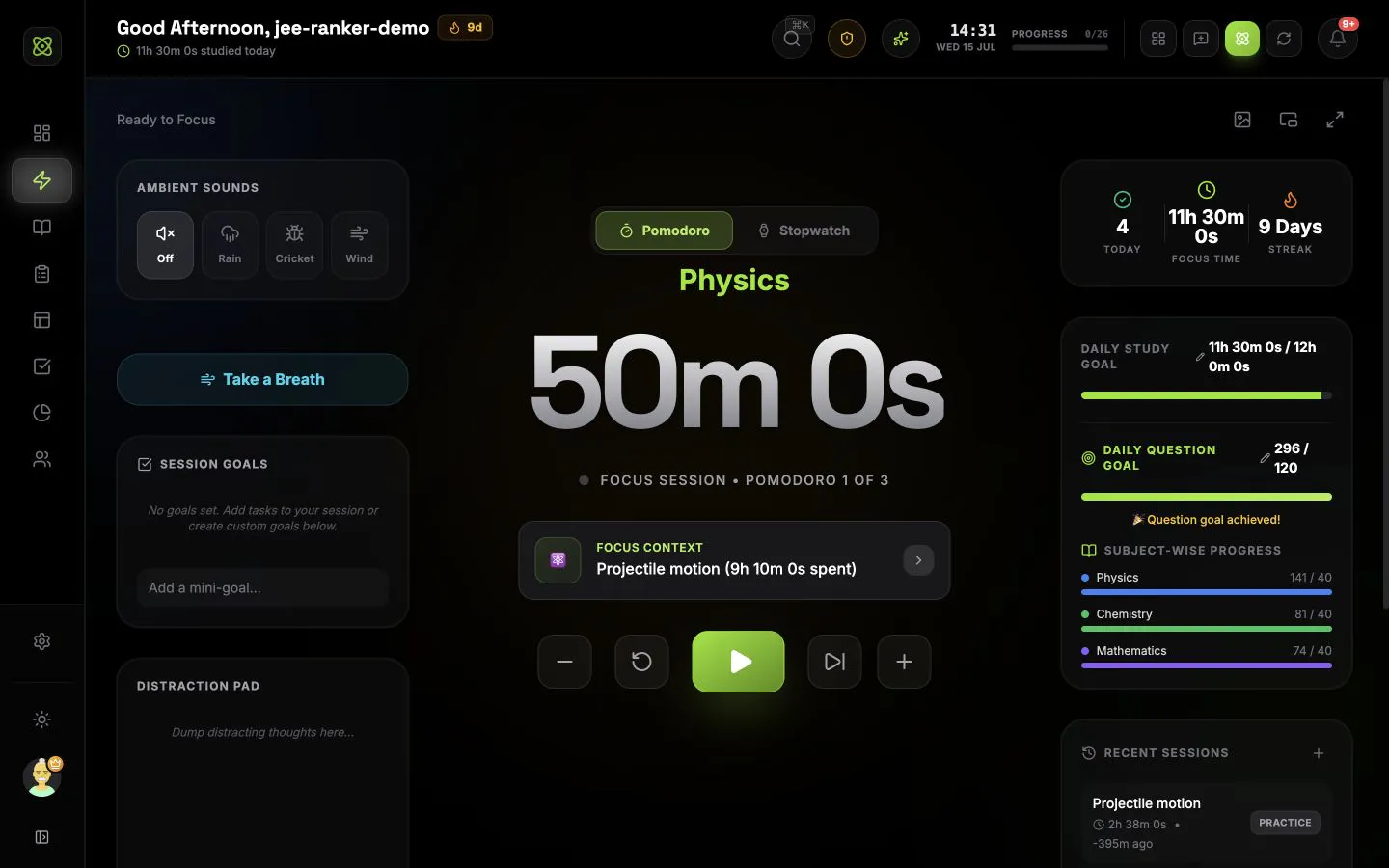 IsotopeAI focus timer with linked study context